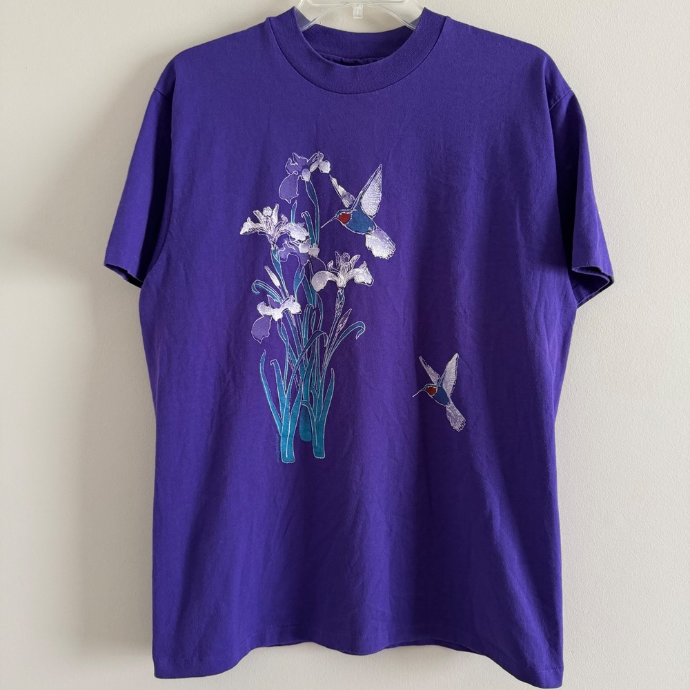 VTG 90' Hanes L Hummingbird Iris Purple Graphic T-Shirt Nature Made in U.S.A
